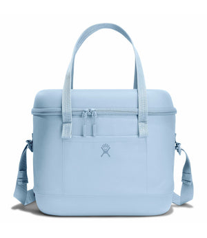 Light blue tote bag with shoulder straps on a white background