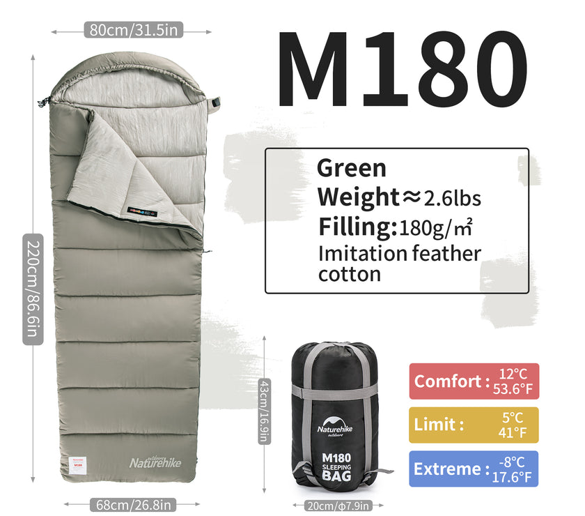 Naturehike Envelop Washable Sleeping Bag M180 With Hood Green
