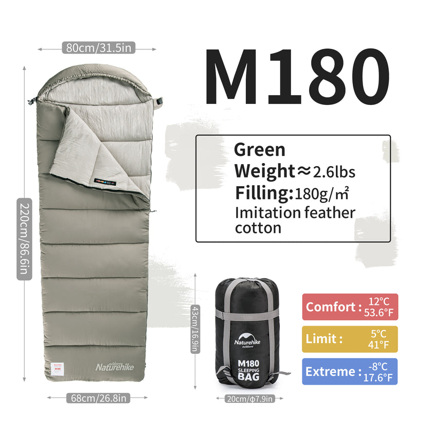 Naturehike Envelop Washable Sleeping Bag M180 With Hood Green