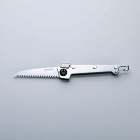 A folding saw with a stainless steel handle and a serrated blade, finished with Tsubamesanjo.