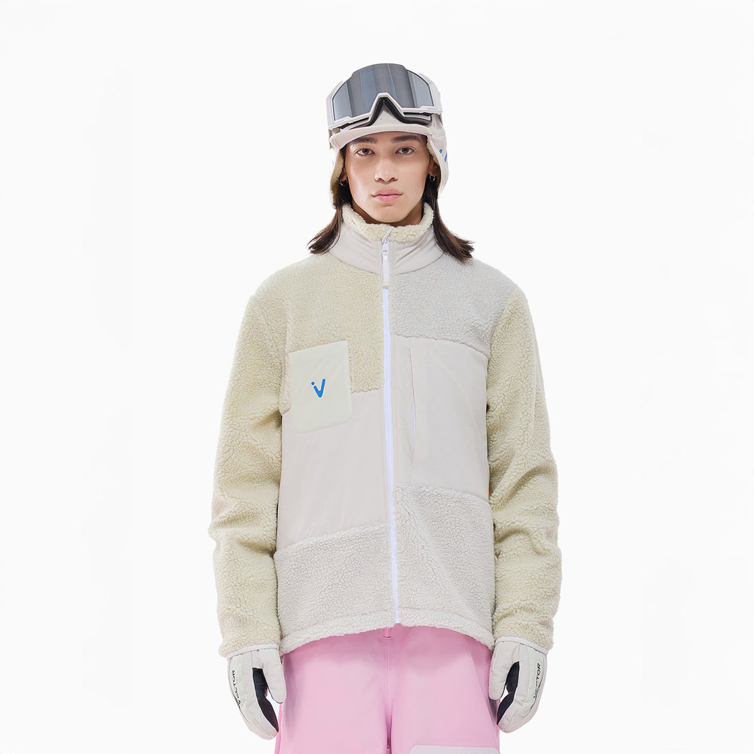 Vector Cream White Patch Darn Fleece Jacket - Unisex