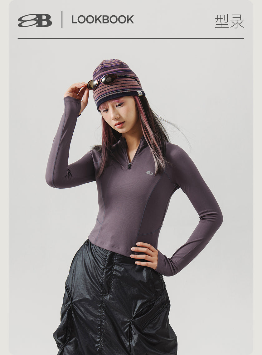 Blue Stand Collar Training Long Sleeve Ladies T-shirt