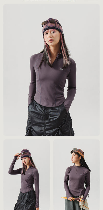 Blue Stand Collar Training Long Sleeve Ladies T-shirt