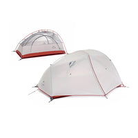 Two camping tents, one with a red border and the other with a logo, on a white background.