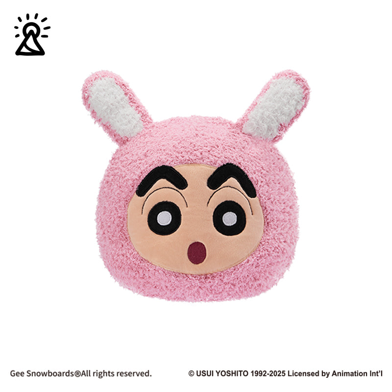 Gee Snowboards Helmet Cover Beanie — pink hood with rabbit ears and Shin-chan's face