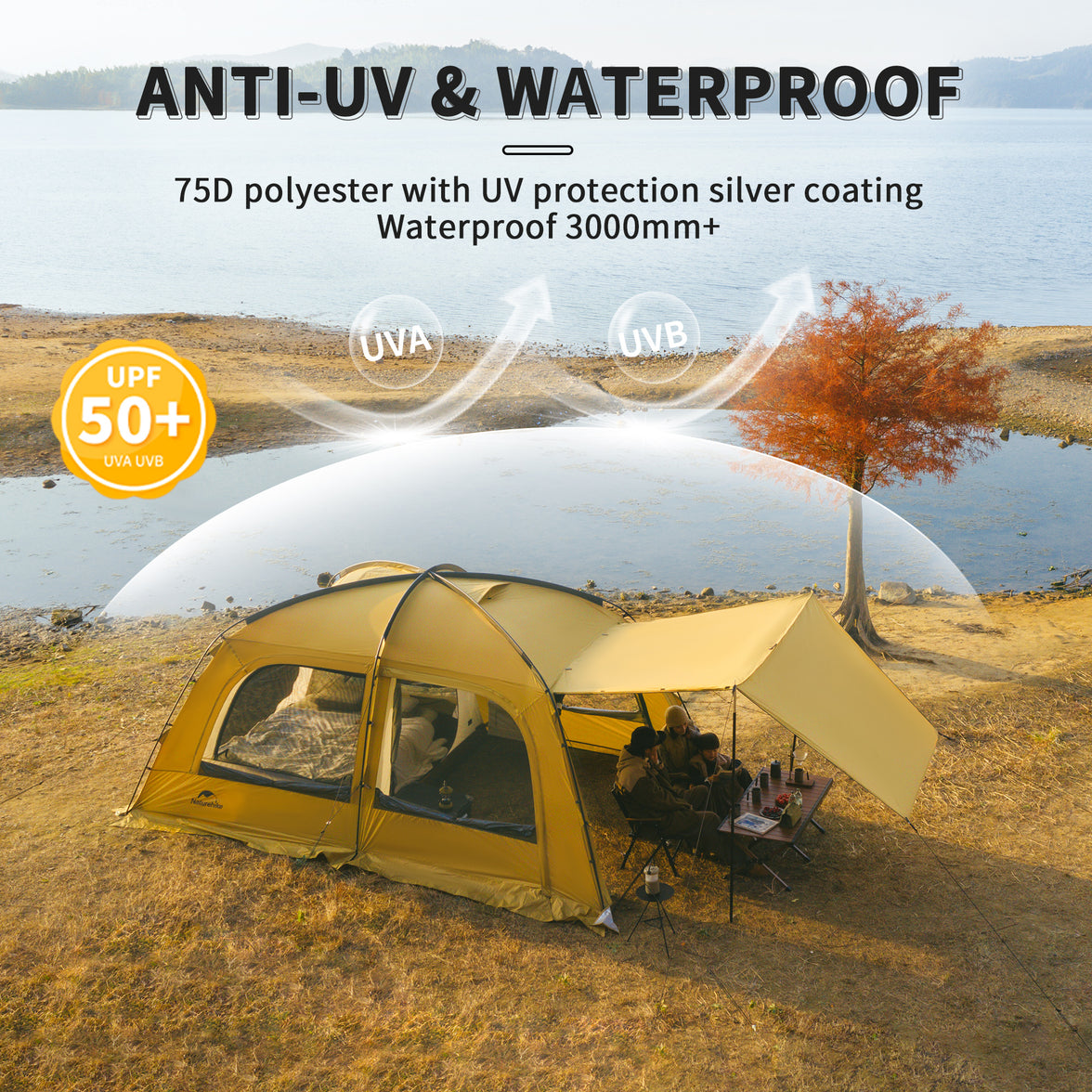 The image shows a yellow dome tent set up outdoors with text highlighting the tent's anti-UV and waterproof features. There's a body of water and a tree in the background.