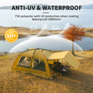 The image shows a yellow dome tent set up outdoors with text highlighting the tent's anti-UV and waterproof features. There's a body of water and a tree in the background.