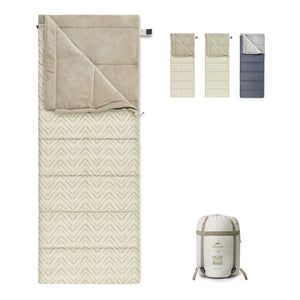 A beige, rectangular Naturehike Sammy envelope sleeping bag with a geometric pattern, displayed in various states such as packed, unfolded, and rolled.
