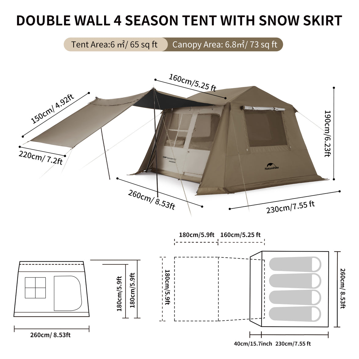 Naturehike Village 6.0 Gen 2 Quick Open Tent Brown