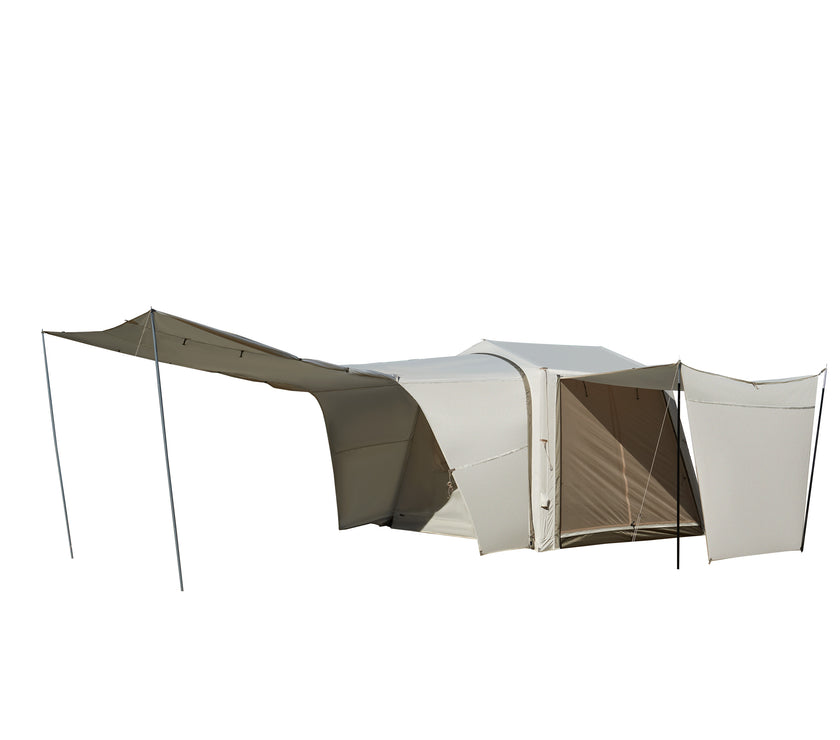Inflatable tunnel tent set up with an expansion canopy, designed for outdoor camping.