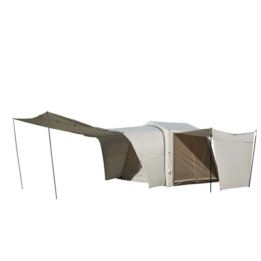 Inflatable tunnel tent set up with an expansion canopy, designed for outdoor camping.