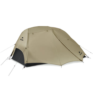 Beige camping tent with black interior on a white background