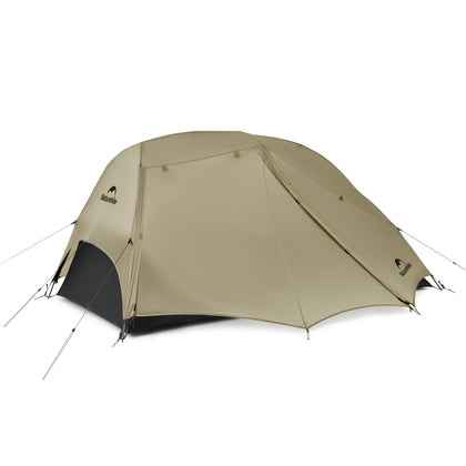 Beige camping tent with black interior on a white background