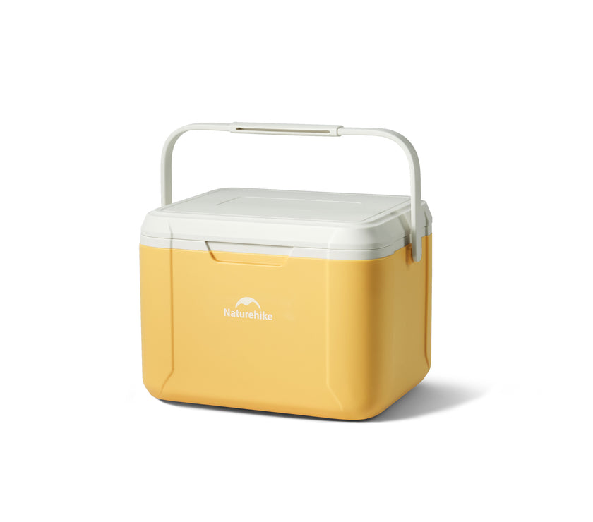 A yellow, portable Naturehike cooler box with a white lid and handle, isolated on a white background.