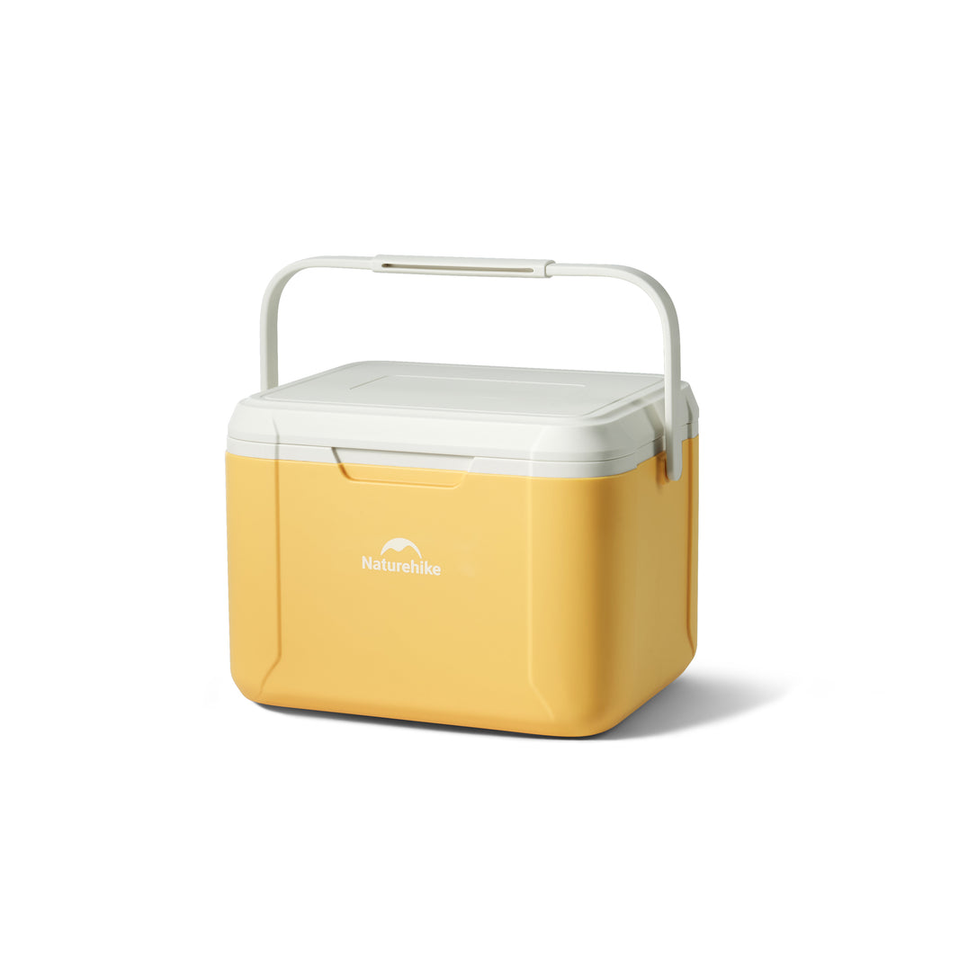 A yellow, portable Naturehike cooler box with a white lid and handle, isolated on a white background.