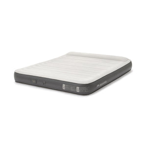 An inflatable bed with a built-in pump, displayed in a flat, expanded state, predominantly in a gray color with a white pillow on top.