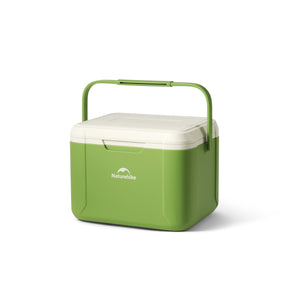 A green, portable Naturehike cooler box with a white lid and handle, isolated on a white background.