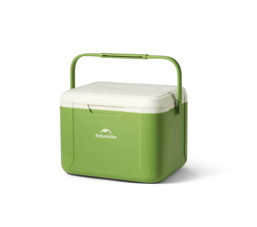A green, portable Naturehike cooler box with a white lid and handle, isolated on a white background.