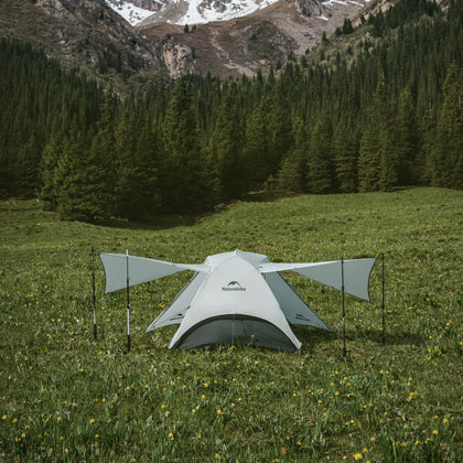 Tent with an attached flysheet in a grassy field with mountains and trees in the background