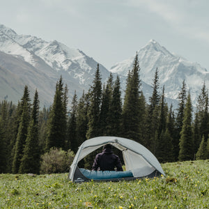 Person inside a tent in a mountainous forest landscape