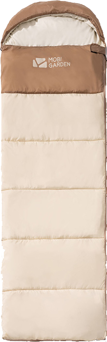A beige and brown Mobi Garden CloudBless sleeping bag designed for summer use.