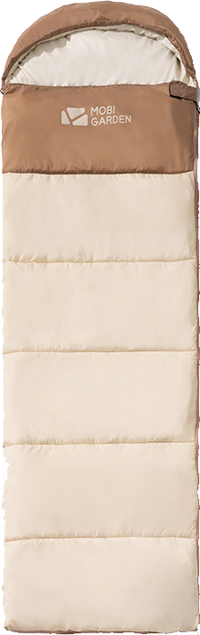 A beige and brown Mobi Garden CloudBless sleeping bag designed for summer use.
