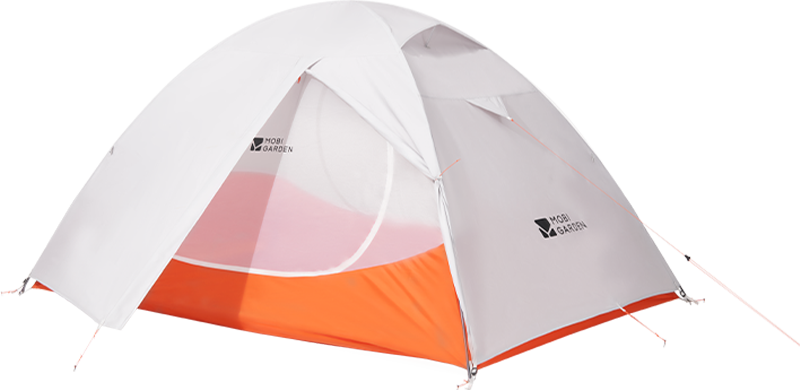 Camping tent with white and orange design on a white background