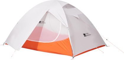 Camping tent with white and orange design on a white background