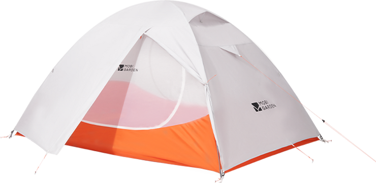 Camping tent with white and orange design on a white background