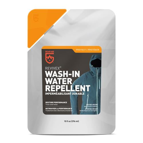 Gear Aid Revivex Wash-In Water Repellent pouch, 296 mL, showing a hooded rain jacket on the label.