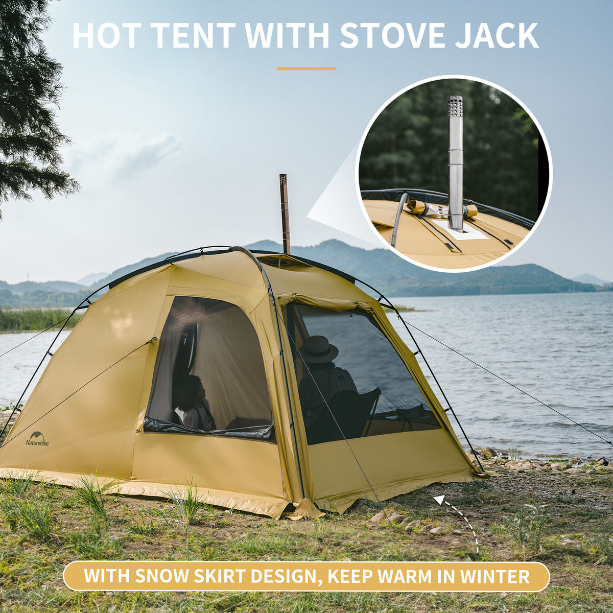 The image shows a yellow dome tent with a visible snow skirt design, situated near a body of water with mountains in the background. An inset shows the tent's interior with a person sitting inside.