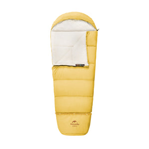 A yellow children's sleeping bag with a zipper, suitable for summer camping.
