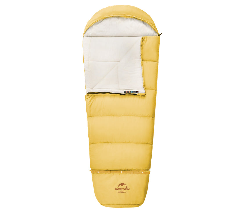 A yellow children's sleeping bag with a zipper, suitable for summer use.