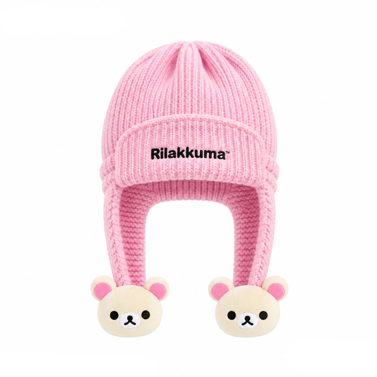 Gee Snowboards × Rilakkuma Helmet Cover Beanie (26-27) — Korilakkuma: pink knit, white bear pom-poms