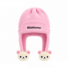 Gee Snowboards × Rilakkuma Helmet Cover Beanie (26-27) — Korilakkuma: pink knit, white bear pom-poms