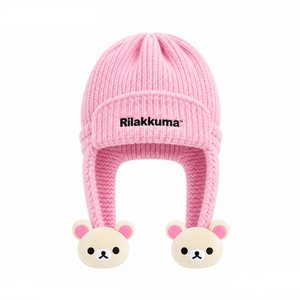 Gee Snowboards × Rilakkuma Helmet Cover Beanie (26-27) — Korilakkuma: pink knit, white bear pom-poms