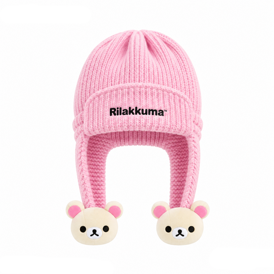 Gee Snowboards × Rilakkuma Helmet Cover Beanie (26-27) — Korilakkuma: pink knit, white bear pom-poms