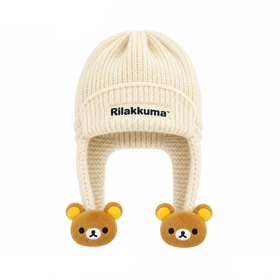 Gee Snowboards × Rilakkuma Helmet Cover Beanie (26-27) — Rilakkuma: cream knit, brown bear pom-poms
