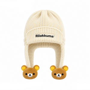Gee Snowboards × Rilakkuma Helmet Cover Beanie (26-27) — Rilakkuma: cream knit, brown bear pom-poms