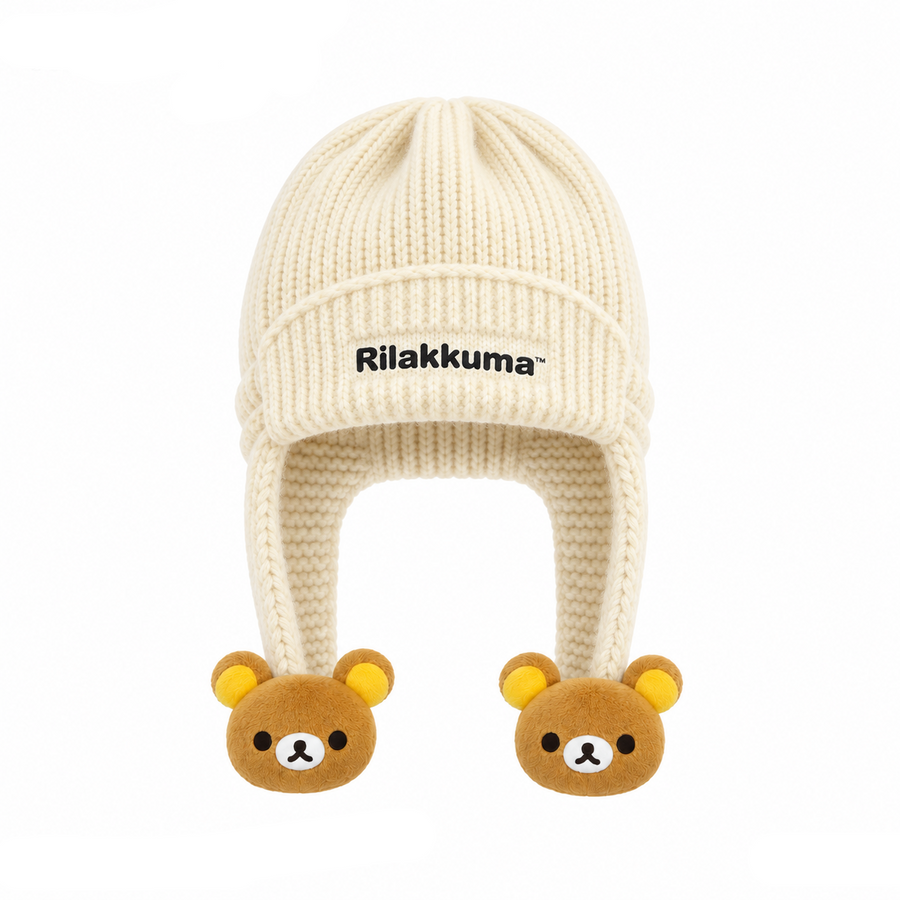 Gee Snowboards × Rilakkuma Helmet Cover Beanie (26-27) — Rilakkuma: cream knit, brown bear pom-poms