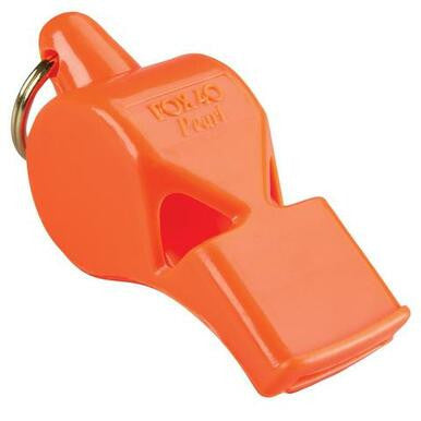 Fox 40 Pearl pealess safety whistle in orange with a split-ring keyring.