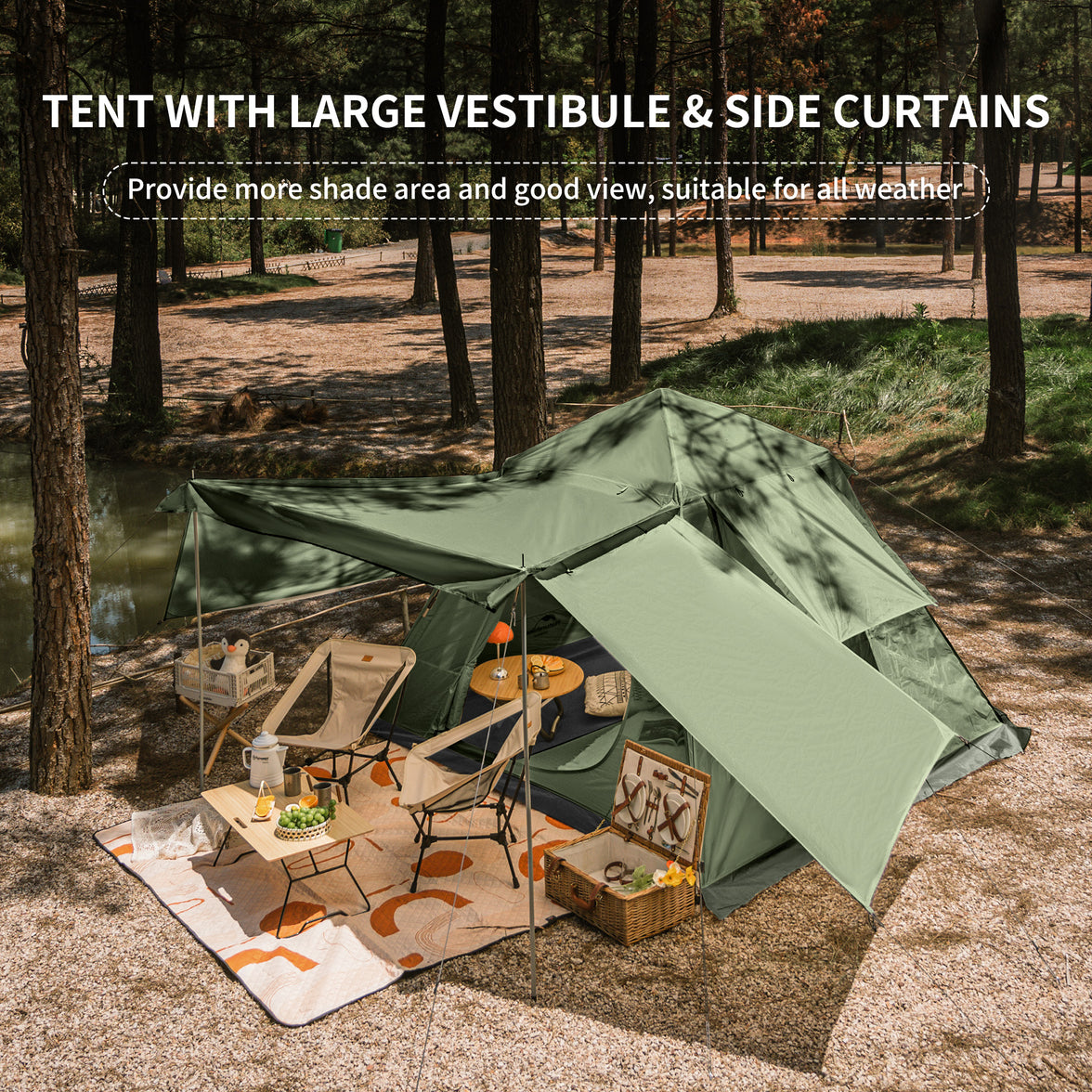 A green pop-up tent with large vestibule and side curtains set up outdoors, suitable for four people.