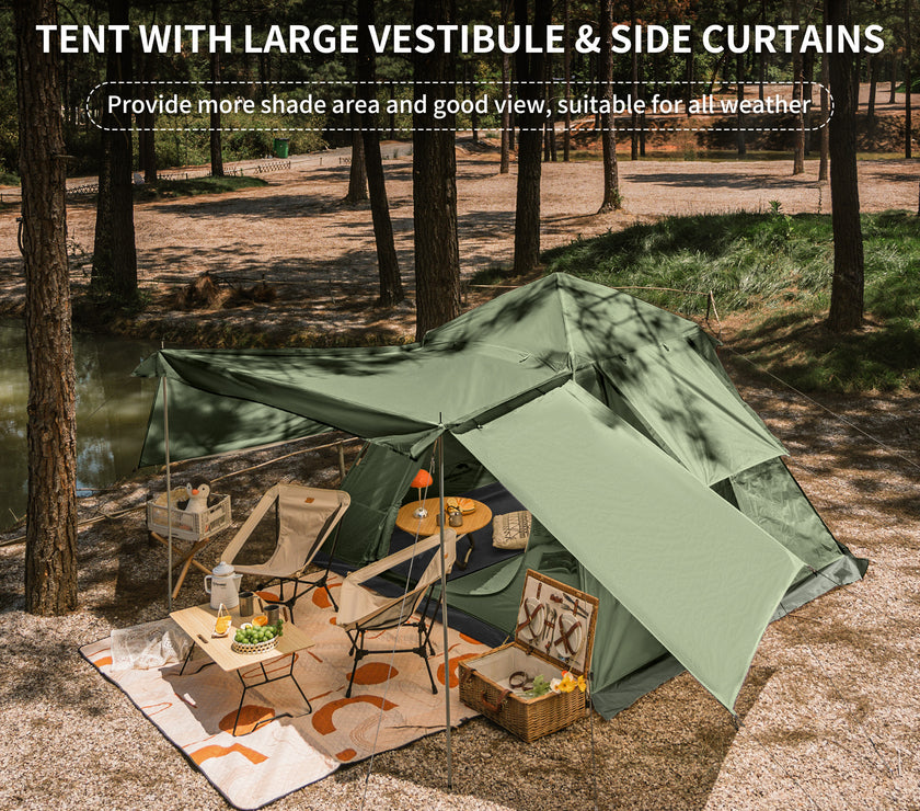 A green pop-up tent with large vestibule and side curtains set up outdoors, suitable for four people.