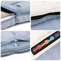 Collage of a quilt with zipper, buttons, and comfort level label on a white background