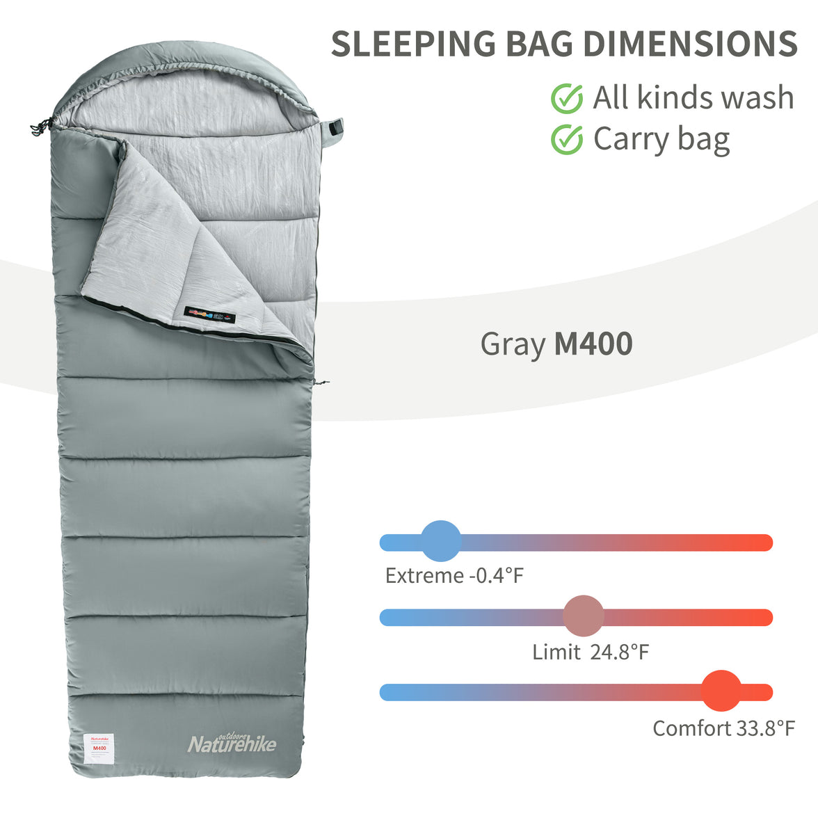 Naturehike Warmy Square With Hat Warming Cotton Sleeping Bag M400 Grey