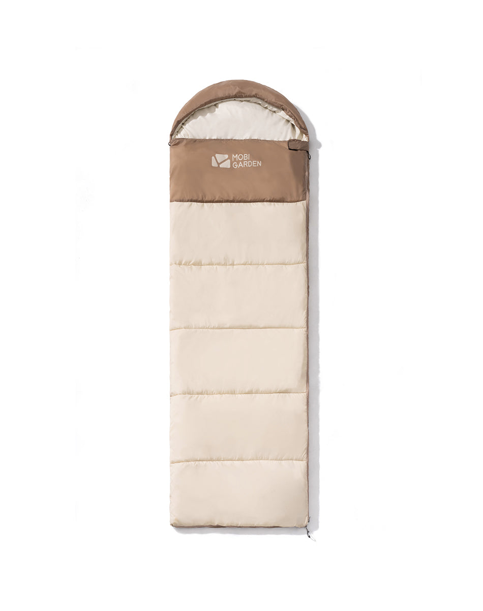 A beige and brown Mobi Garden CloudBless sleeping bag with a zipper, suitable for summer.
