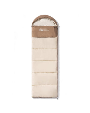 A beige and brown Mobi Garden CloudBless sleeping bag with a zipper, suitable for summer.
