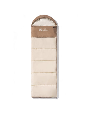 A beige and brown Mobi Garden CloudBless sleeping bag with a zipper, suitable for summer.