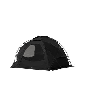 Black dome-shaped tent with a visible window section, designed for camping and outdoor activities.