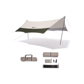 A green and beige colored tarp with a classic eave design, displayed alongside a carrying bag and poles for setup.